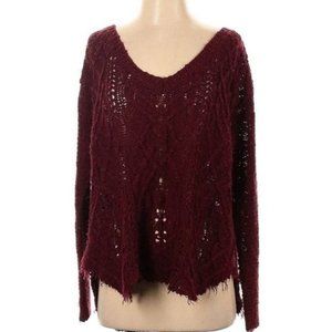 En Creme Open Knit Destroyed Raw Hem V-Neck Sweater in Burgundy Womens Size S